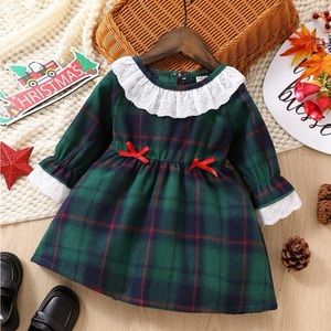 Toddler Plaid Embroidery Trim Flounce Sleeve Bow Front Dress